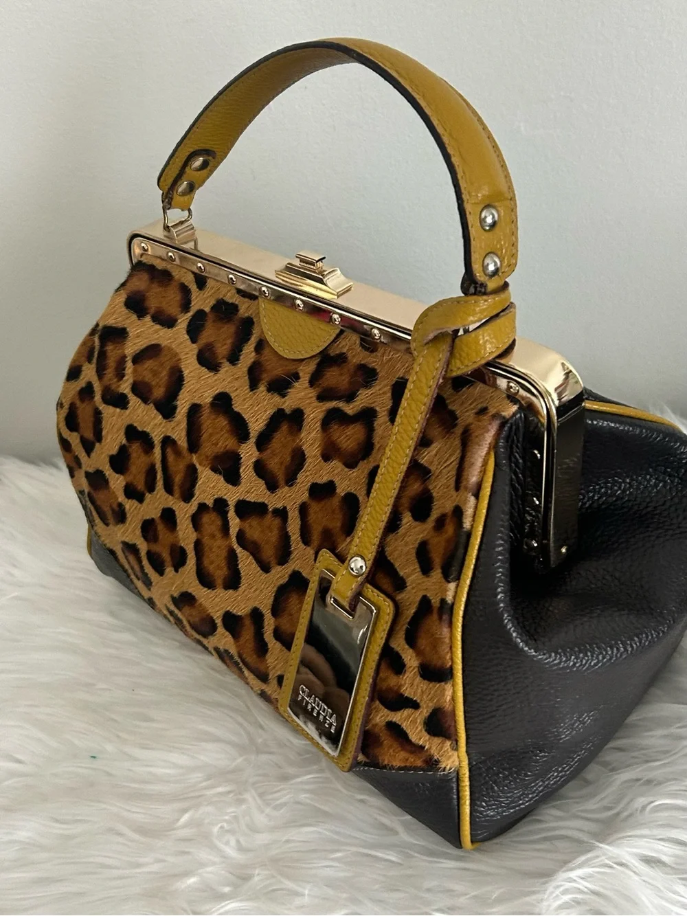 Claudia Firenze Leopard Calf Hair Leather Frame Satchel Made in Italy - Picture 6 of 15